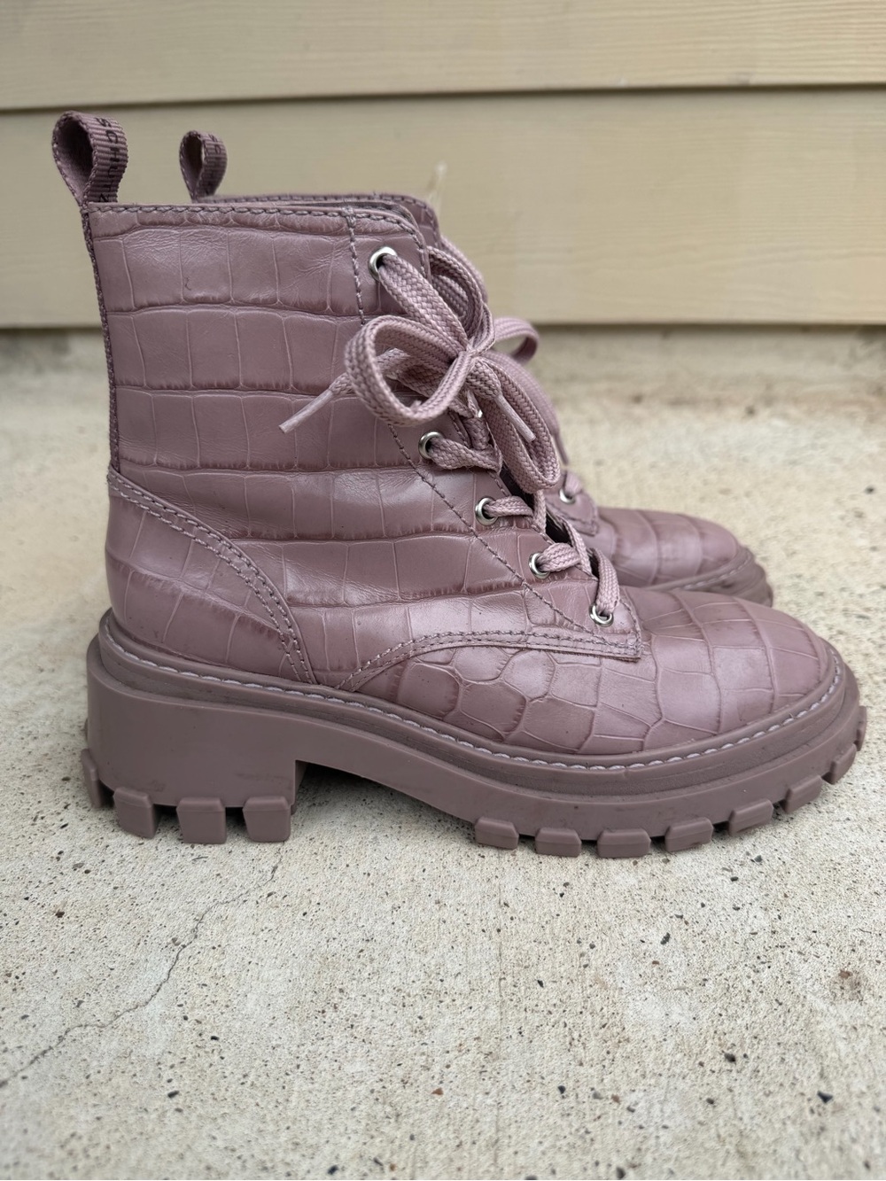 Schutz Orly Purple Croc Combat Boots Lug Sole Leather Womens 7.5 NWOB - Picture 9 of 16